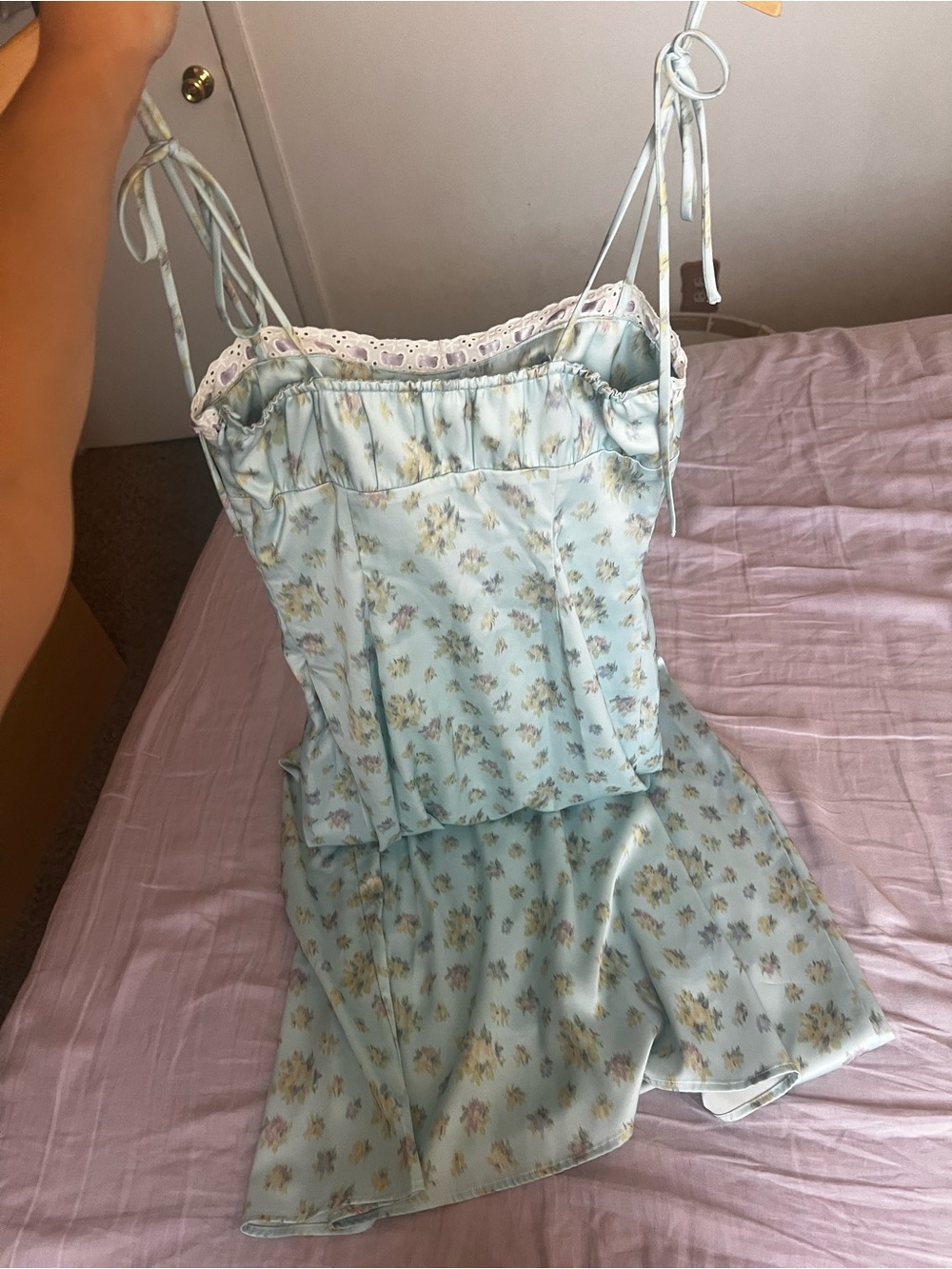 Urban Outfitters Light Blue Floral Satin Slip Dress with Pink Lace Trim - Picture 5 of 8